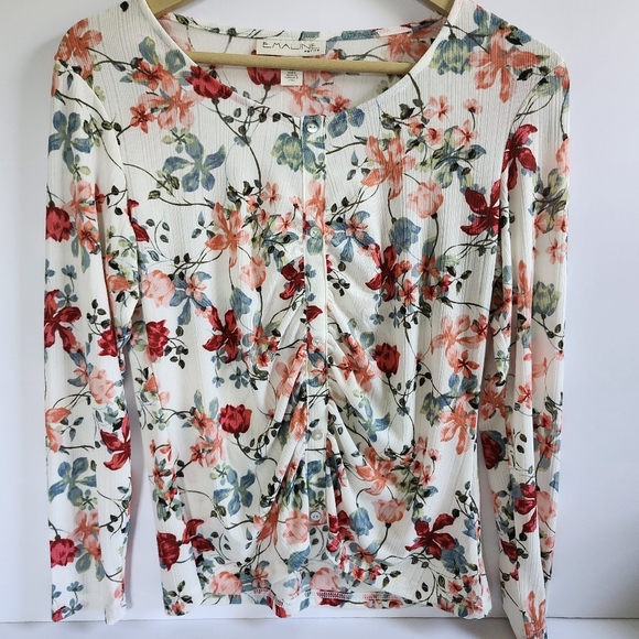 Emaline Petite Floral Print Button-Down Ruched Long Sleeved Blouse Size PS - Picture 1 of 10